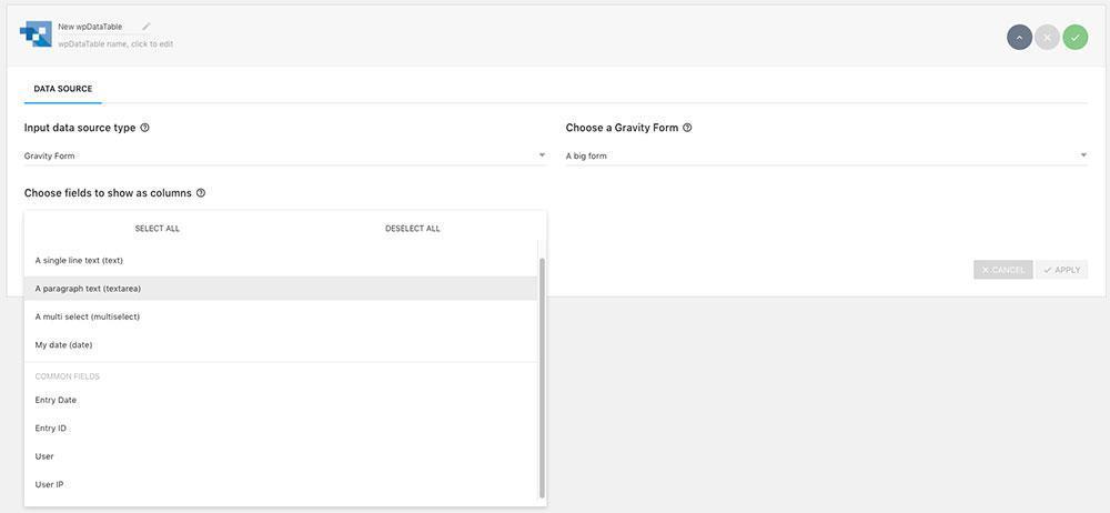 WPDataTables Gravity Forms