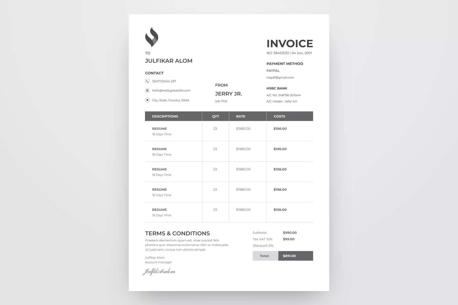 Minimal Invoice Free Google Docs Template