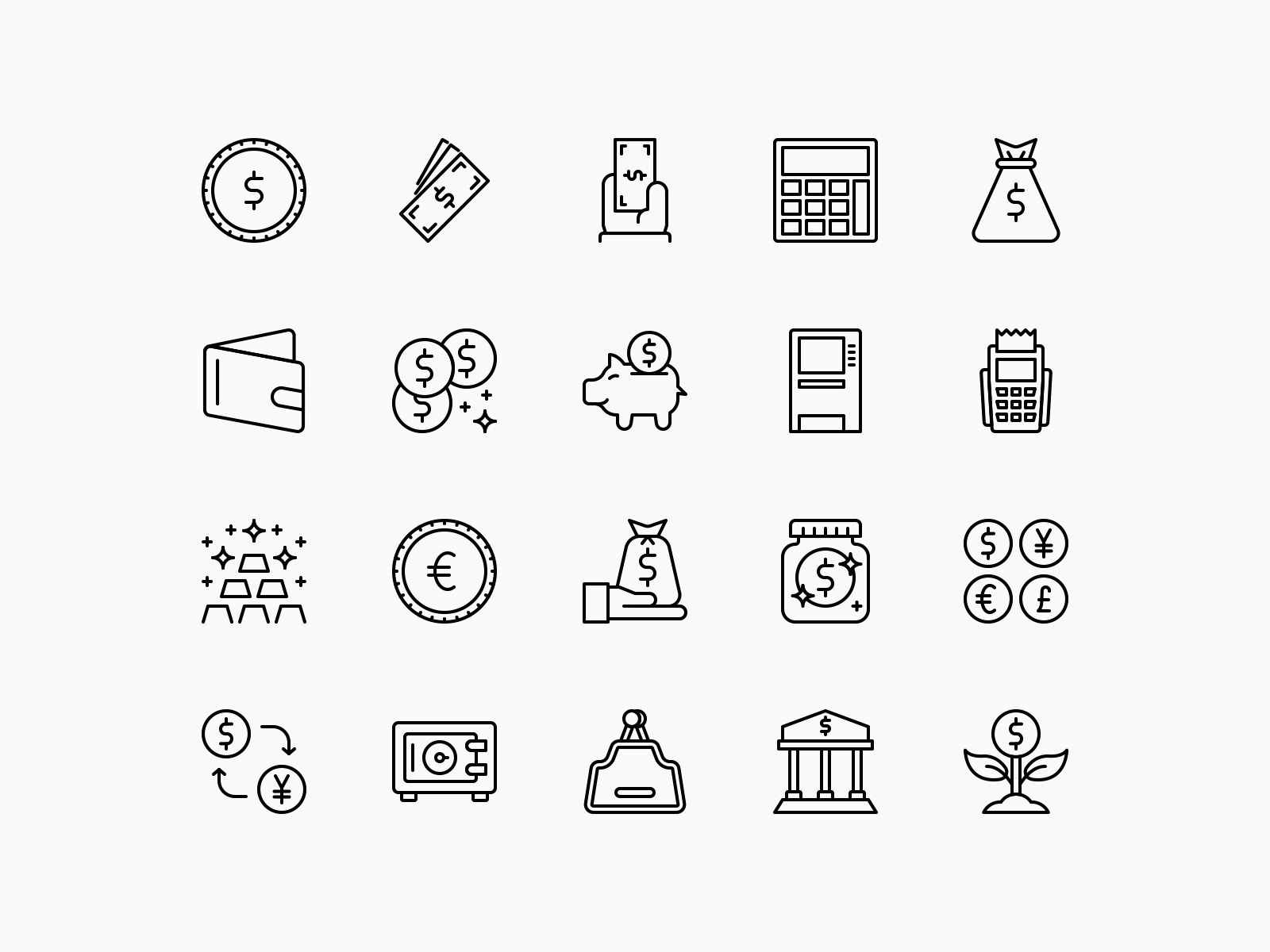 Money and valuables icons pack lines