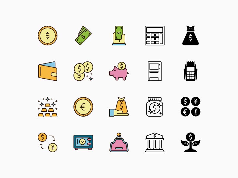 Money and valuables icons pack lines