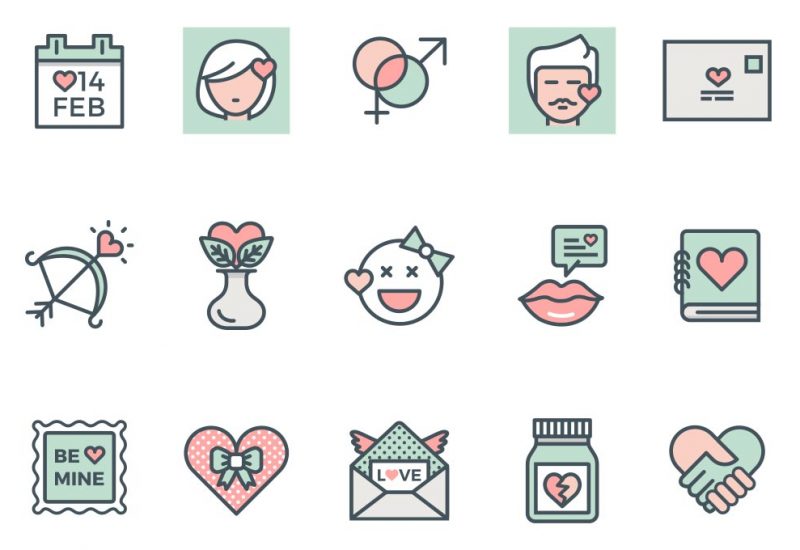 Valentine Flat Line Vector Icons