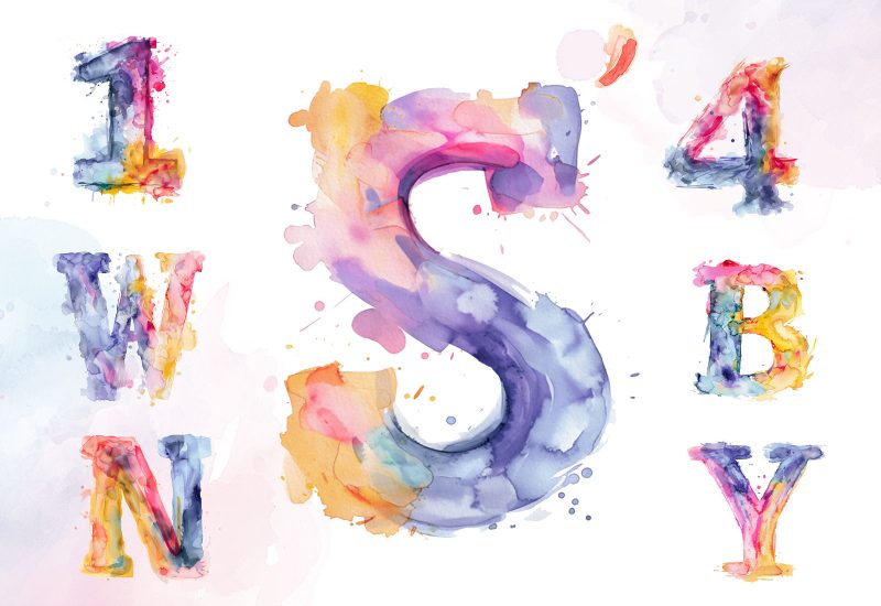 Hand-drawn Style Colorful Watercolor Alphabets And Numbers